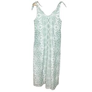 Buru Embroidered Maxi Dress White Green Womens XS Sleeveless Resort Boho Eyelet